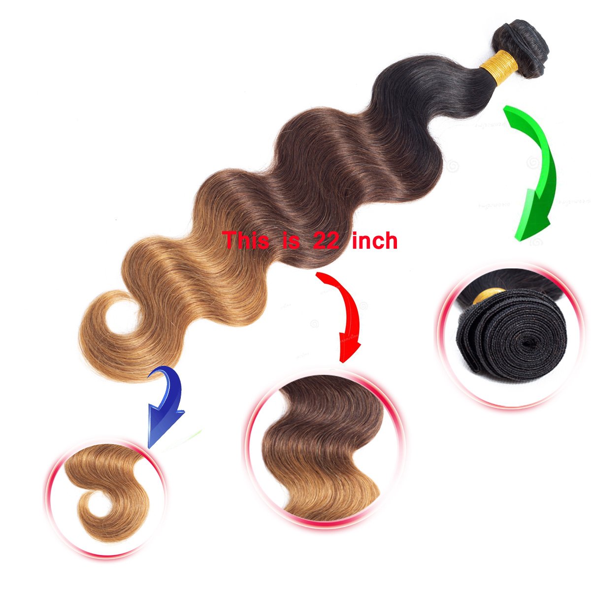 DAYRISE Ombre Body Wave Bundles Brazilian Virgin Human Hair Bundles Ombre Human Hair Extensions 3 Tone Mixed 1B/4/30 Color (14 16 18) Ombre Bundles Body Wave 3 Bundles