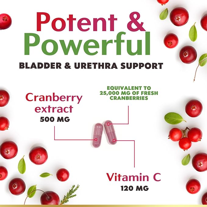 Cranberry Concentrate Extract Supplement for Women & Men + Vitamin C - 25,000mg Formula for Urinary Tract Health Support, Non-GMO and Gluten Free, Cranberry Pills Supplement - 120 Capsules