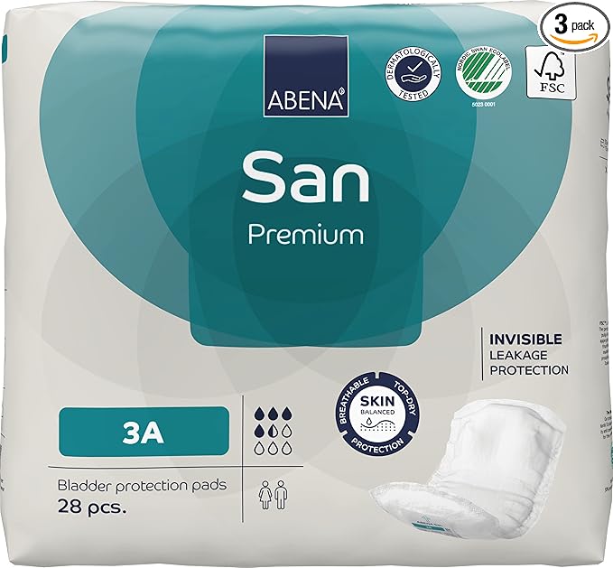 Abena San Premium Incontinence Pads, Light Absorbency, (Sizes 1 to 3A), Size 3A, (Pack of 3, 84 Count Total)