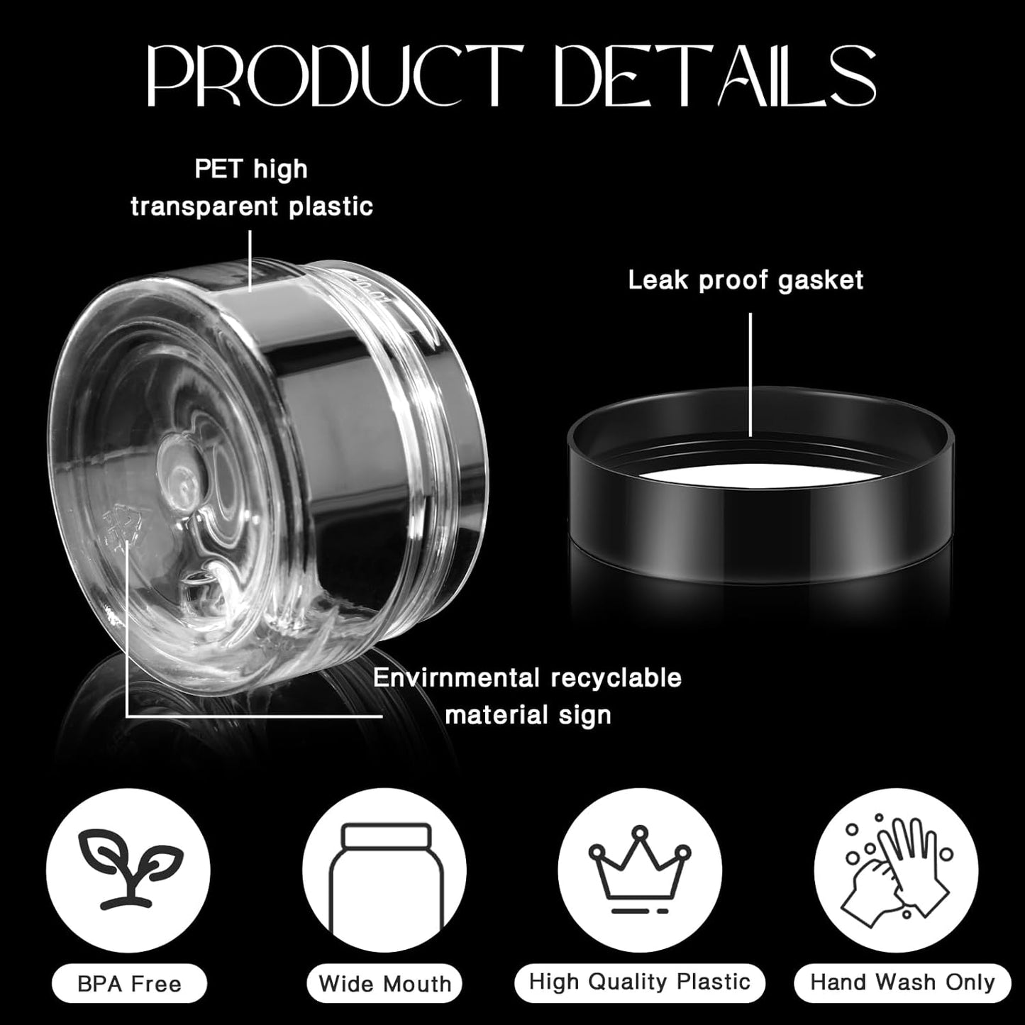 SATINIOR 100 Pcs Plastic Jars with Lids Small Containers Lids Wide Mouth Small Plastic Containers for Lotion Cream Rhinestones Body Butters Travel Storage(4 oz,Black)