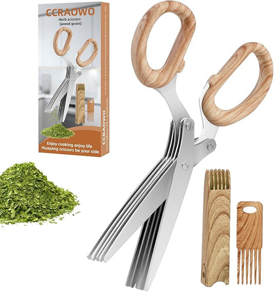 2025 New Herb Scissors Set - Wood Grain Pattern 5 Blades with Cover and Comb - Skin-Friendly Handle, Delicate Grip - Dishwasher Safe, Anti-Rust Stainless Steel for Cutting Fresh Garden Herbs