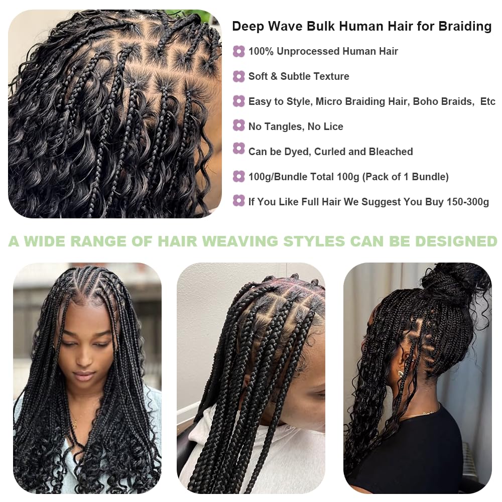 Liccaibao Deep Wave Bulk 100g 24 Inch Natural 100% Human Hair Braiding Hair Unprocessed No Weft 10A Brazilian Virgin Hair for Curly Human Hair Extensions Boho Braids Wet and Wavy Human Braiding Hair