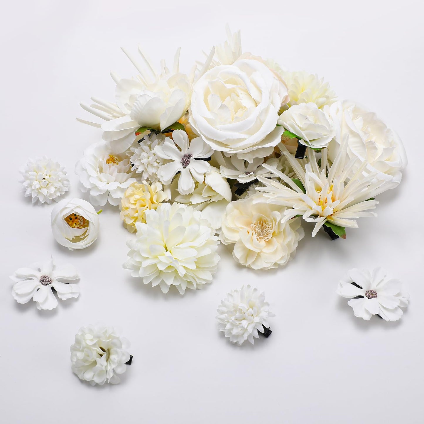 Korvishow 30pcs White Flower Hair Clips - Womens Girls Boho Handmade Artificial Rose Floral Barrettes Hair Clips Bridal Wedding Hair Accessories for Holiday Vacation Fairy Costume Photo Props