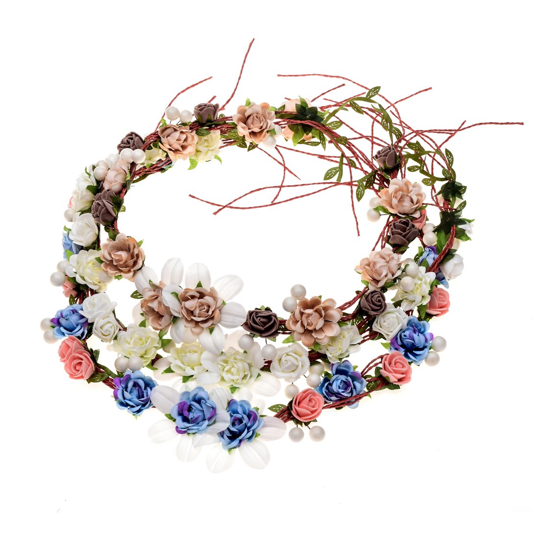 Love Sweety Women Girls Bride Rose Pearl Flower Crown Boho Floral Headpiece for Party (1# White)