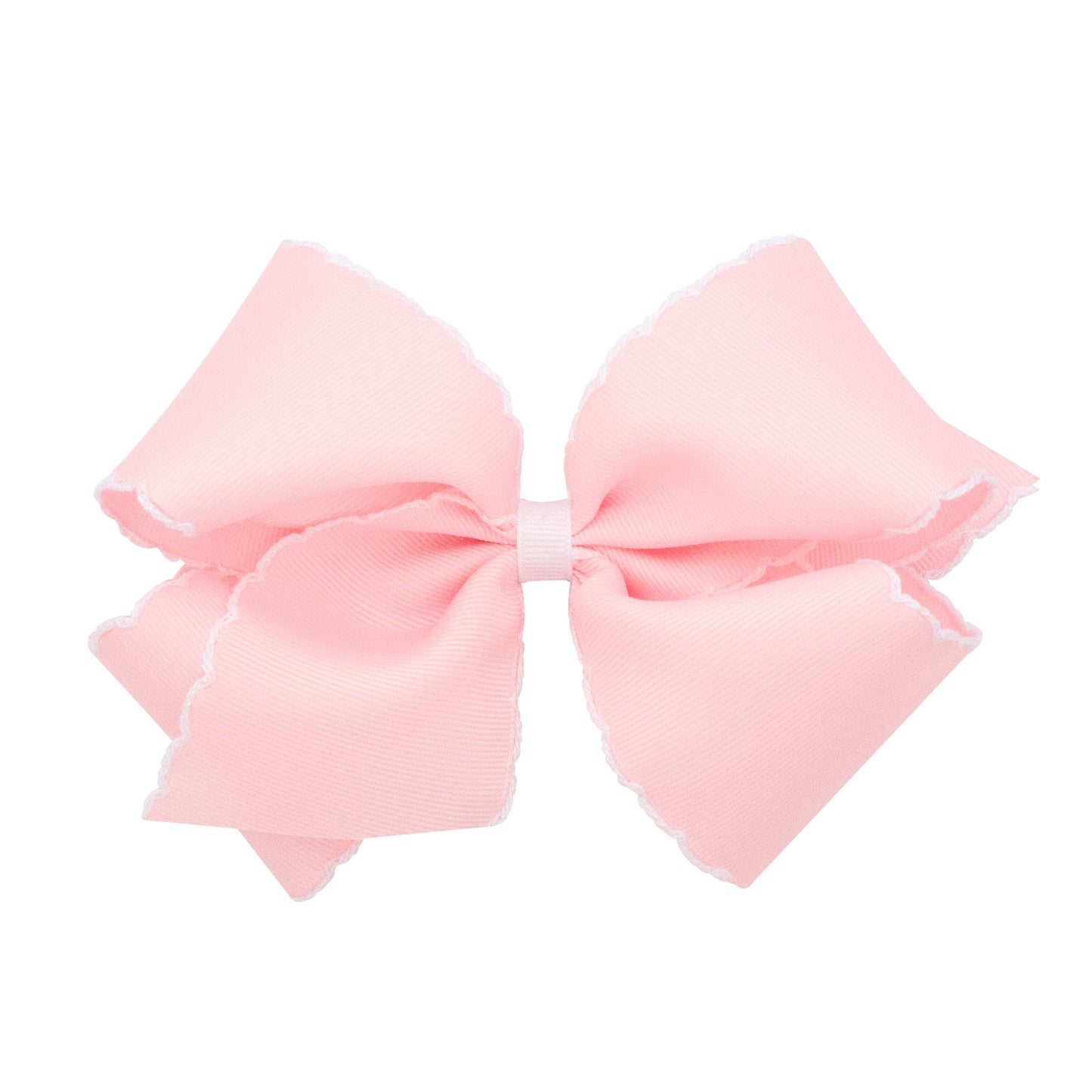 Wee Ones Girls' Grosgrain Hair Bow with Contrasting Moonstitch Edge and Wrap on a WeeStay Hair Clip, King, Light Pink with White