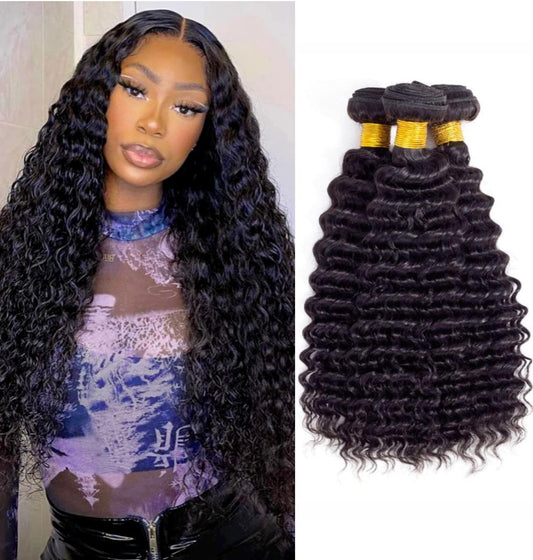 Deep Wave Human Hair Bundles 10A Brazilian Virgin Human Hair Bundles 20 22 24 Inch Wet and Wavy Curly Bundles Human Hair Extensions for Black Women Natural Color