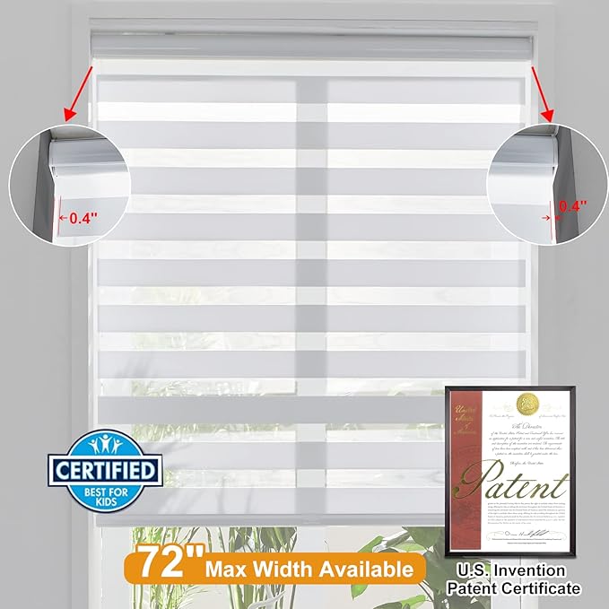 Persilux Cordless Zebra Blinds for Windows Dual Layer (15" W x 72" H, White) Free-Stop Roller Blinds for Sliding Doors, Light Control for Day and Night, Light Filtering Sheer Roller Shades for Home