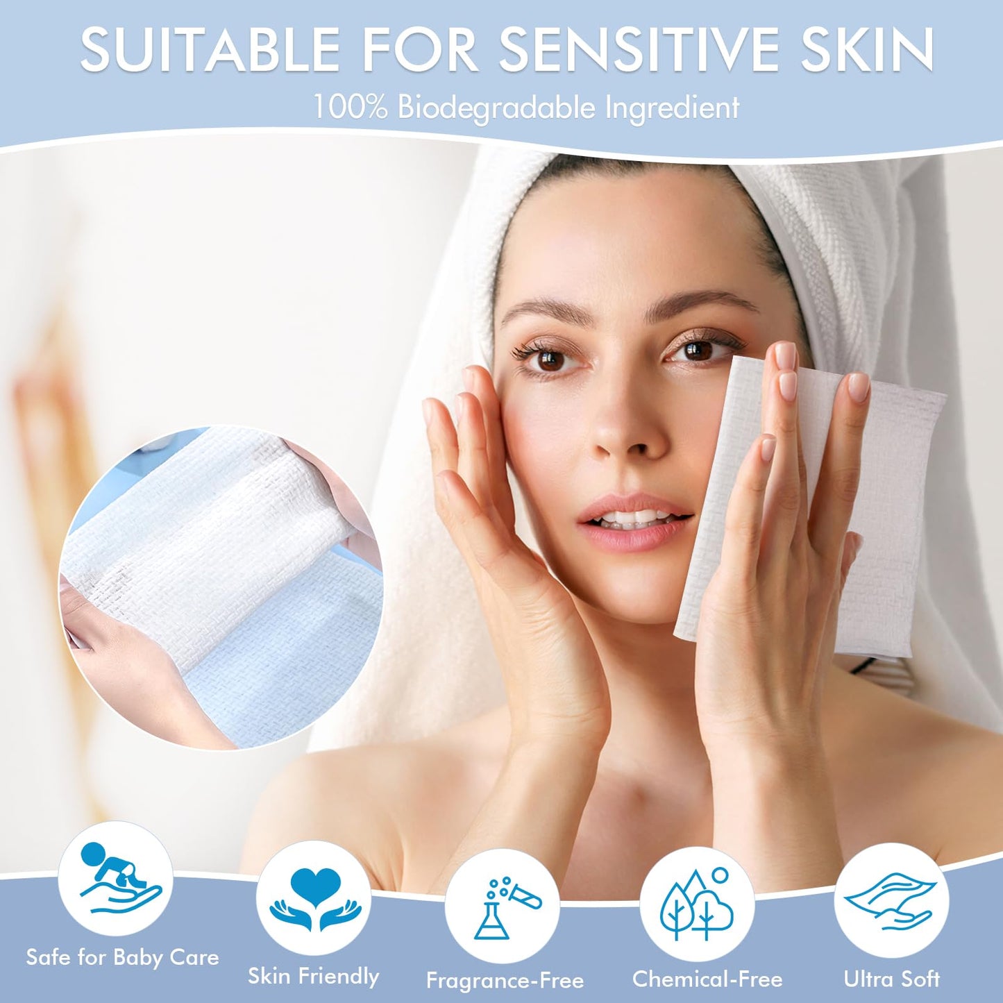 Face Towelettes Disposable, SCUNDA Disposable Face Towels, Super Soft and Thick Biodegradable Face Towels for Drying Face, Makeup Removing, Extra Large Facial Wipes for Sensitive Skin,10"×10",50 Count