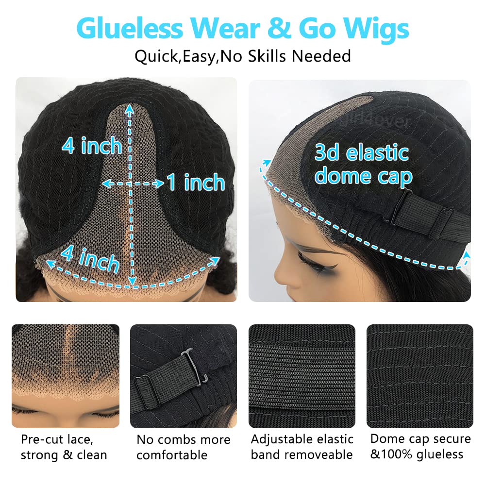 4GIRL4EVER Wet and Wavy Glueless wigs human hair Wear & Go Wigs T Part Lace Front Wigs Pre-cut 4x1 HD Lace Closure Human Hair Wigs for Black Women Water Wave Wig 180% Density Natural Black 20 Inch