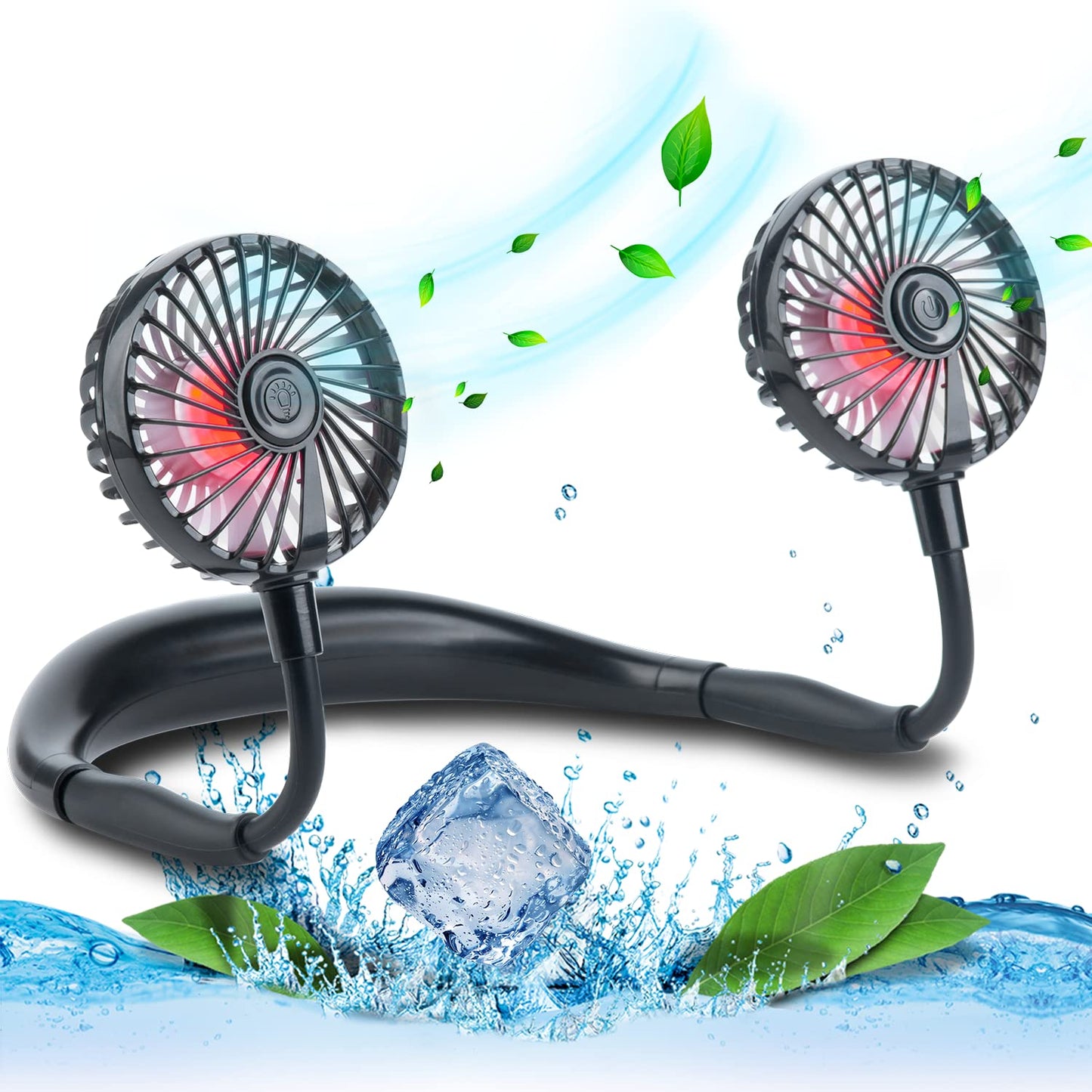 VAGAU Portable Cooling Neck Fan, Rechargeable USB Personal Neck Fans with Colorful LED lights, 360° Rotation, Wearable Neck Fan Air Conditioner for Office Travel Sport, 3 Adjustable Speeds（Black）