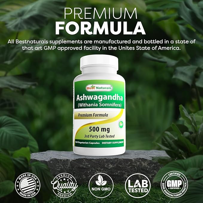 Best Naturals 3 Pack Ashwagandha Capsules for Relaxing Stress and Mood, 500 mg, 120 Count (Total 360 Capsules)