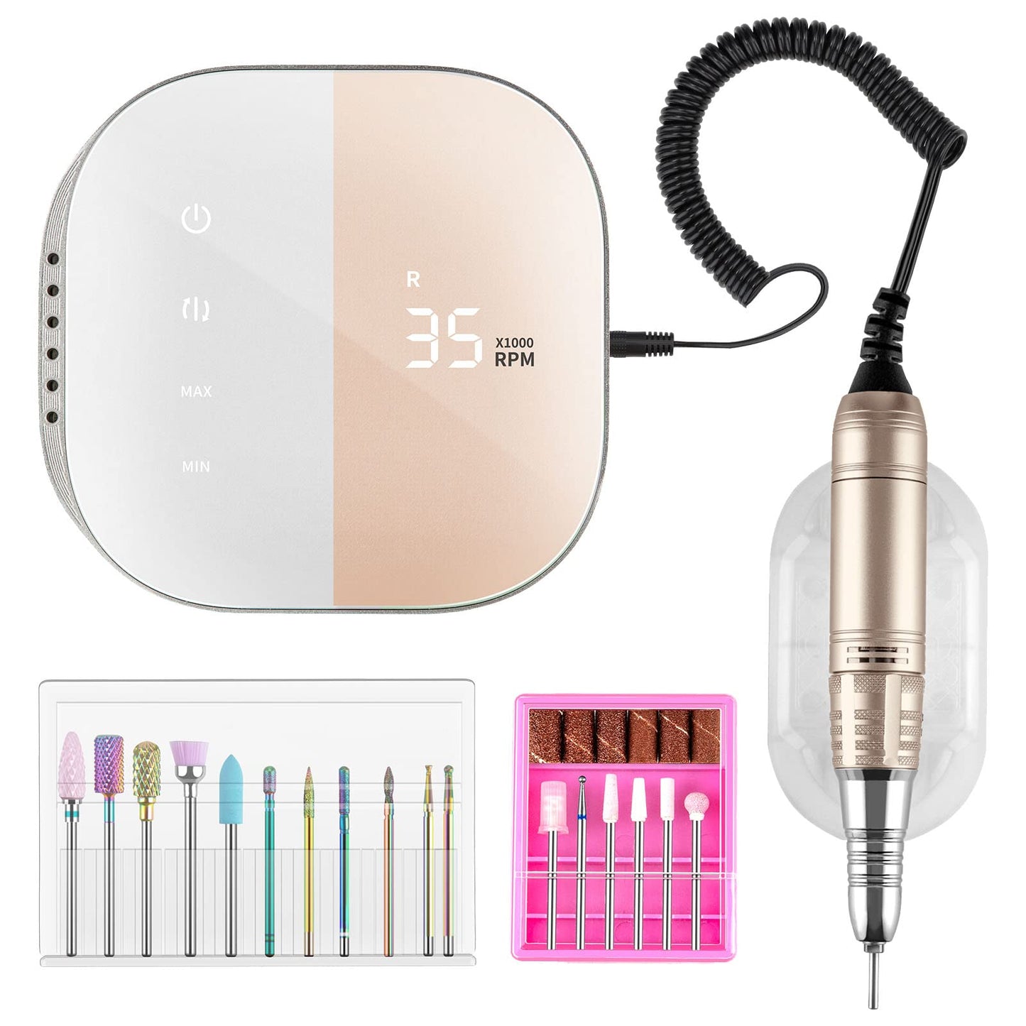 Madenia Professional Nail Drill Machine for Acrylic Nails and 11pcs Tungsten Carbide Nail Drill Bits, Pink