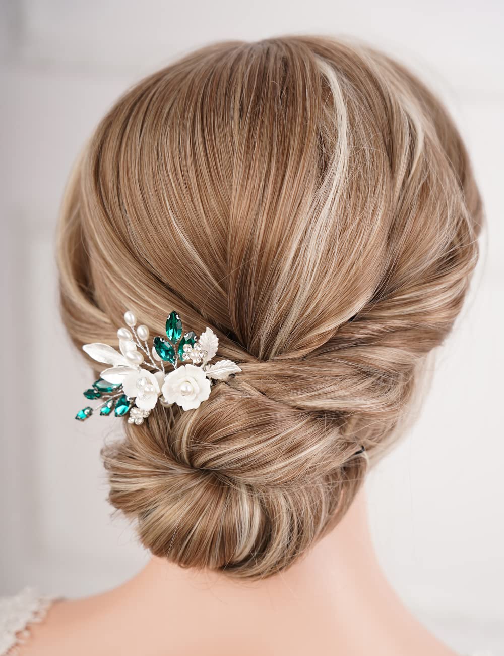 Missgrace Leaf & Flower Hair Comb, Wedding Crystal Rhinestones, Silver Green, for Brides Women