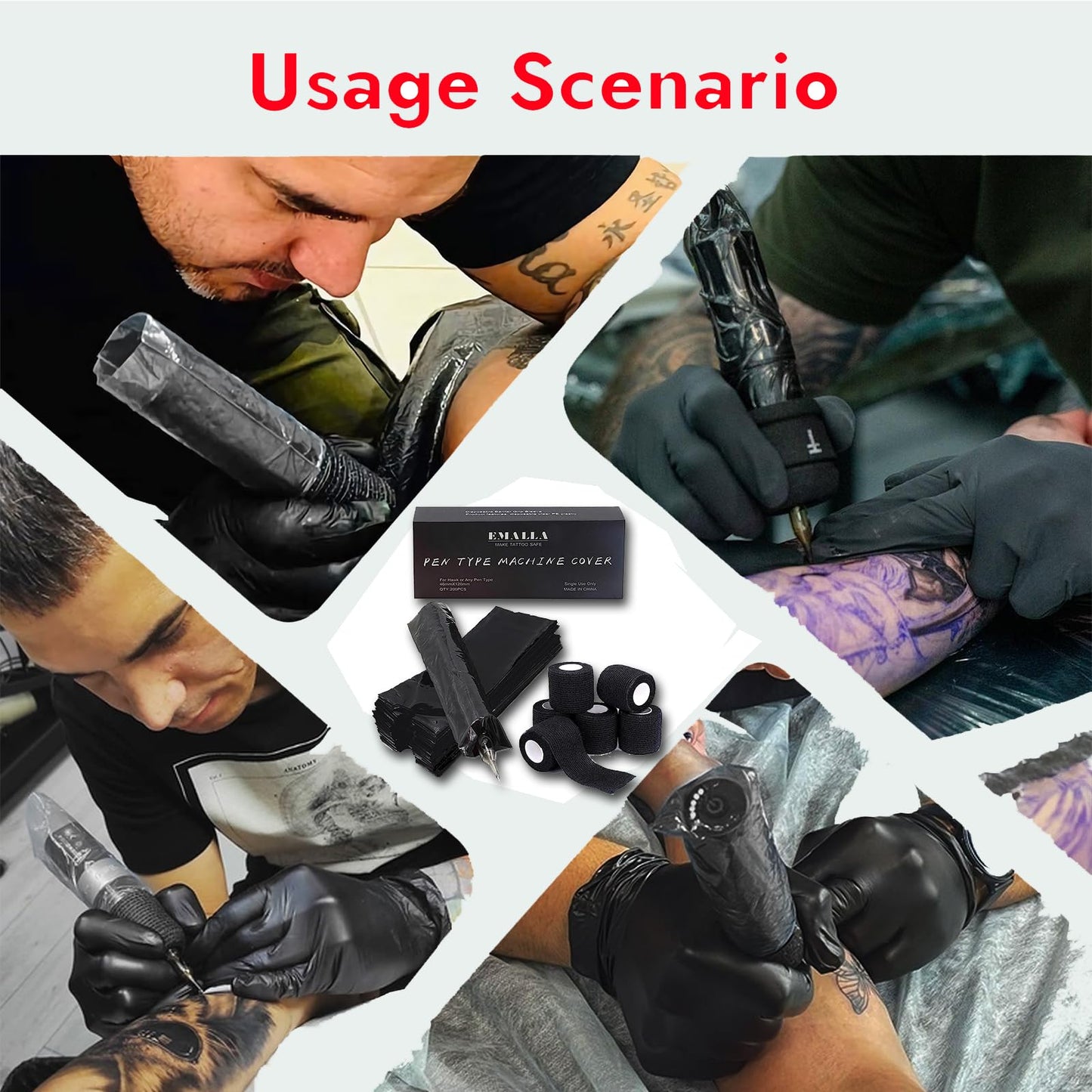 Sotica 200PCS Pen Covers with 6PCS Grip Tape Machine Wrap Cover Black Pen Bags Pen Sleeves Machine Sleeves with Black Grip Wrap Self-Adherent Tape Plastic Covers