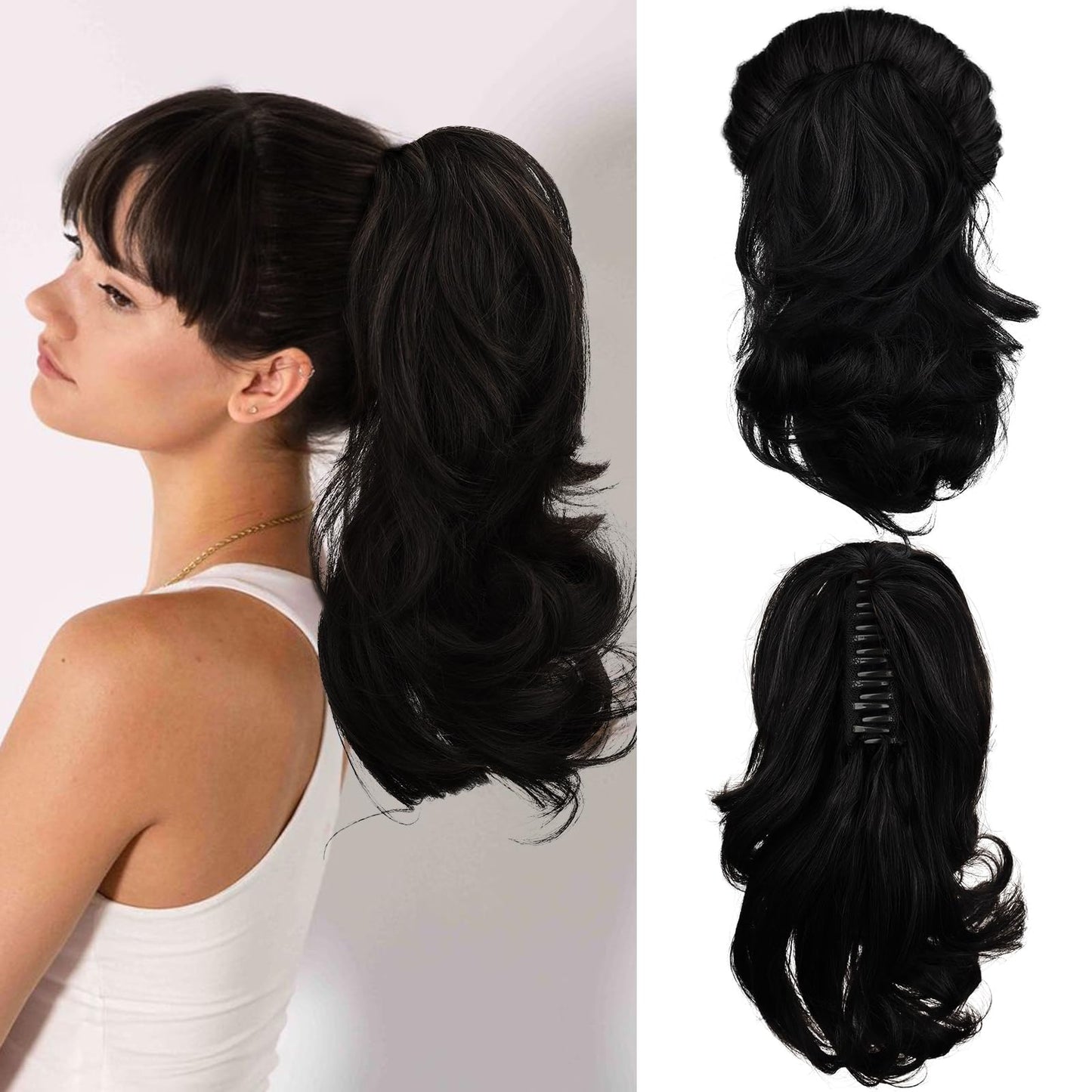 RICH BRIA Ponytail Extensions Real Human Hair Claw Clip in Pony Tails for Women Curly Ponytails Hair Extension 10 inch Jet Black 2.47oz