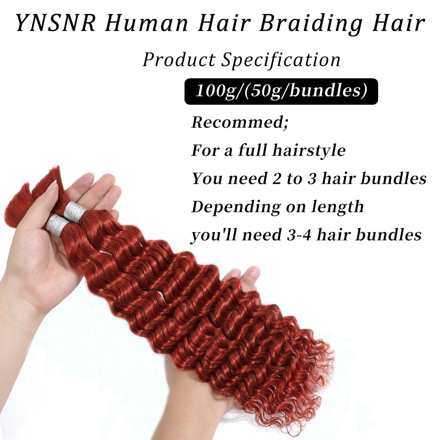 Deep Wave Bulk Human Braiding Hair for Boho Braids Ginger 100% Human Hair Unprocessed Brazilian Curly Human Hair for Human Hair Extensions 2 Braids Per of 1 pack 100g 24 Inch Human Hair