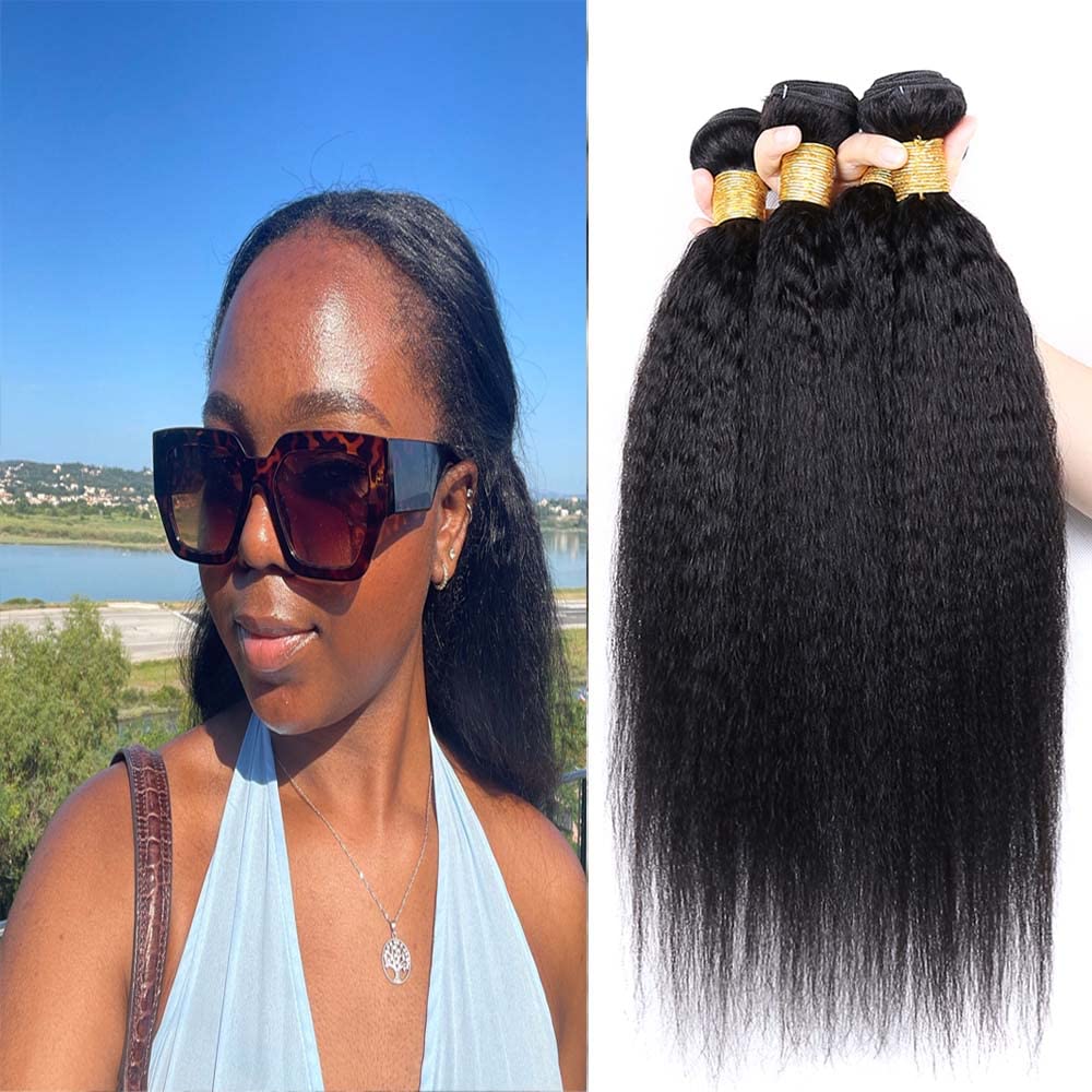 Color 1B Bundles Human Hair Kinky Straight Bundles Human Hair 1B Yaki Straight Bundles Double Weft Brazilian Remy Hair Weave Extensions Soft and Silky for Black Women (22 24 26 inch 3 Bundles)