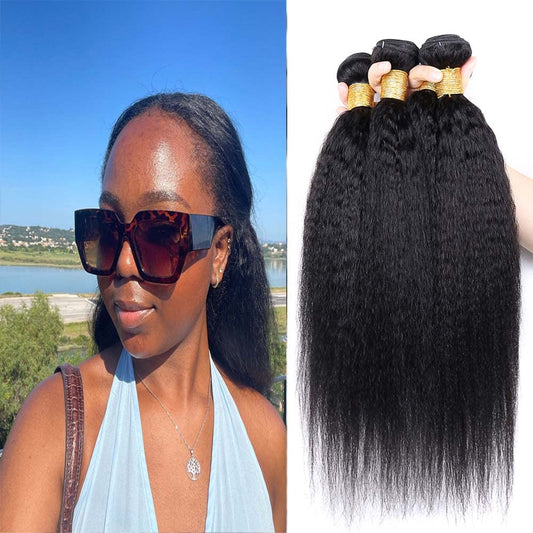 Color 1B Bundles Human Hair Kinky Straight Bundles Human Hair 1B Yaki Straight Bundles Double Weft Brazilian Remy Hair Weave Extensions Soft and Silky for Black Women (22 24 26 inch 3 Bundles)