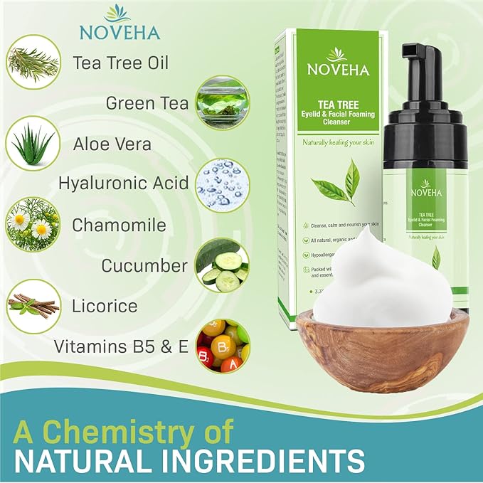 NOVEHA Tea Tree Oil Foaming Gentle Cleanser | Therapeutic Daily Skincare For Eyelash & lids, Eye Irritations, Stye Eyes, Skin Dryness, Moisturize with Organic Ingredients, All Types, 3.38 Ounce