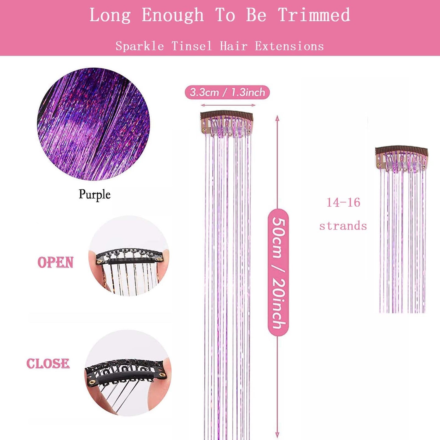 Hair Tinsel Clip in Tinsel Hair Extensions Purple Fairy Glitter Hair Tinsel Kit for Women Heat Resistant 21.5In 6Pcs Festival Hair Accessories for Party, Christmas, New Year, Halloween, Cosplay