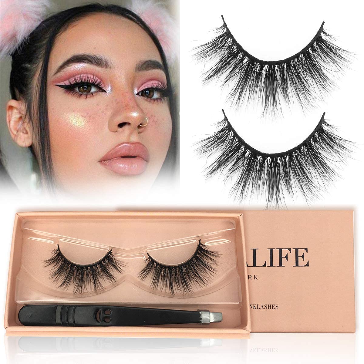 Wennalife Clip in Human Hair Extensions 14 Inch 120g 7pcs and 15mm Natural False Eyelashes 3D Mink Lashes