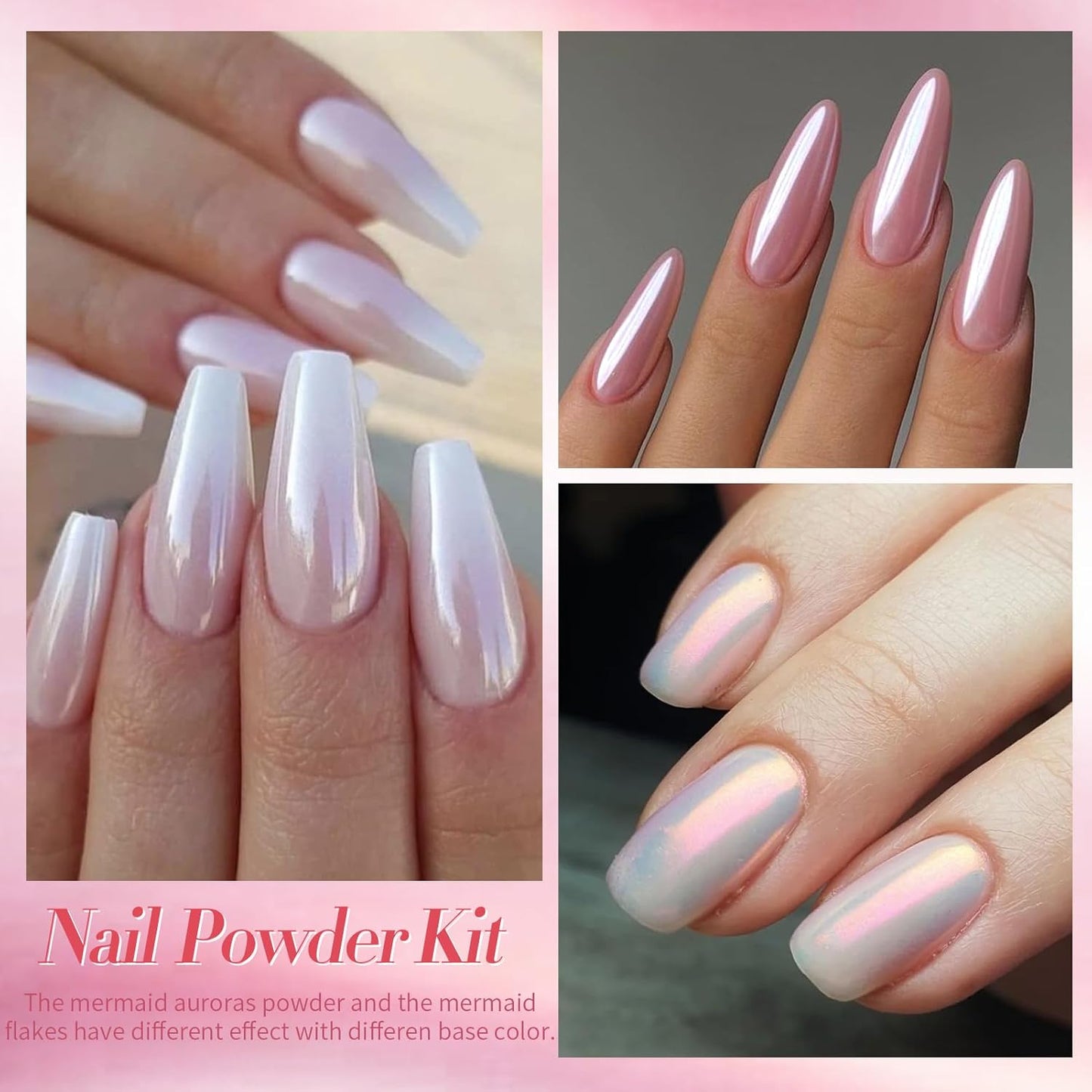 Born Pretty Pink Chrome Nail Powder Metallic Mirror Glitter Sequins Holographic Aurora Pigment Powder Manicure Nail Art Decoration Sets 6 Boxes