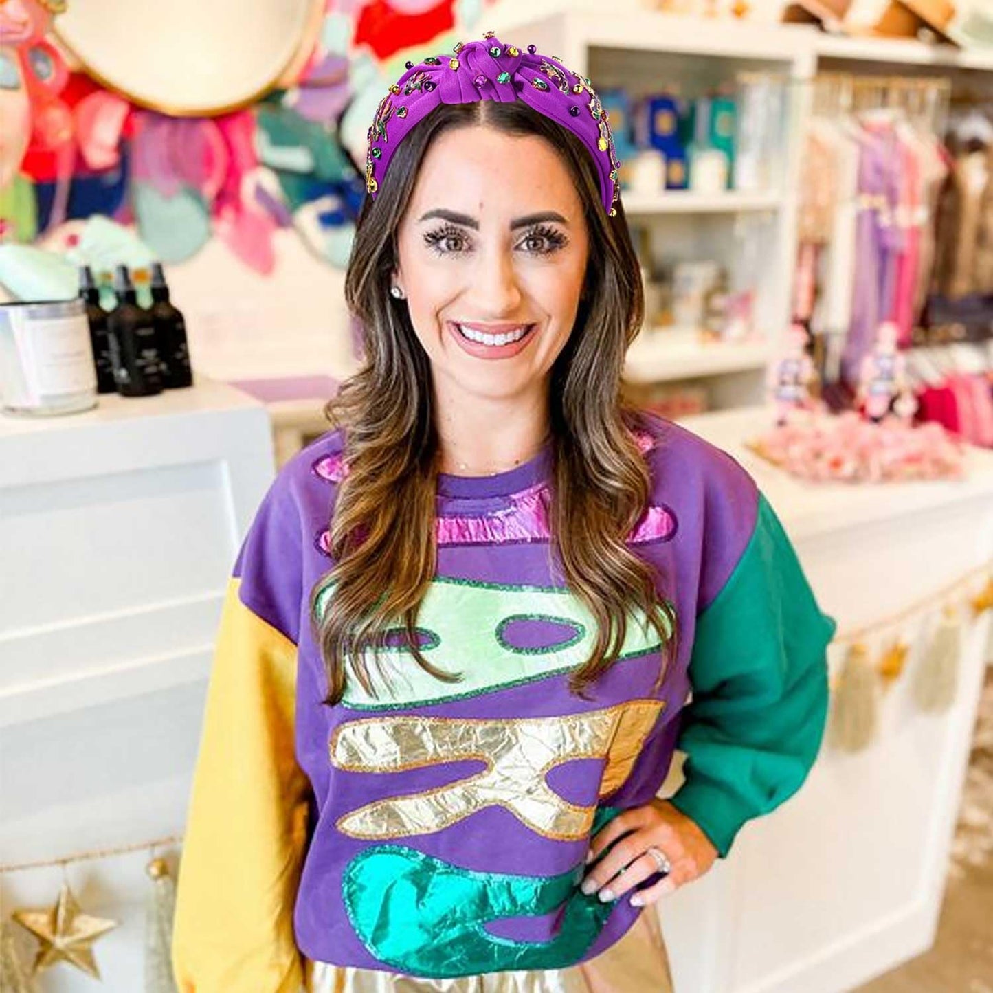 Mardi Gras Headband Accessories for Women Beaded NOLA Fleur De Lis Crown Mask Headband Jeweled Crystal Knotted Headband Fat Tuesday Carnival Parade Mardi Gras Hair Accessories Outfits (Mardi Gras 3)