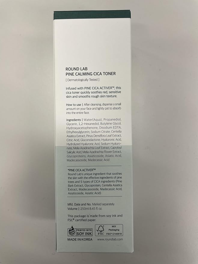 ROUND LAB Pine Calming CICA Toner 8.45 Fl Oz, Low-Acidic Hydrating Toner for Face with Pine CICA, BHA + LHA, and Hyaluronic Acid for Soothing, Exfoliating, and Restoring Skin Balance, Korean Skincare