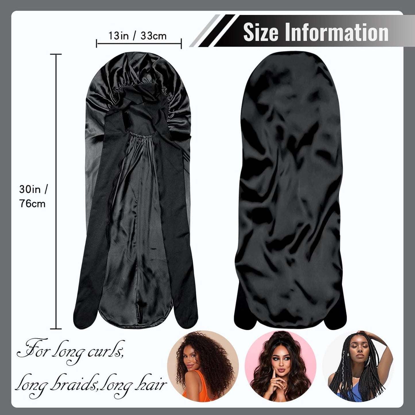 BONNET QUEEN Braid Bonnet Silk Bonnet Foldable Extra Long Bonnet for Braids Satin Bonnet for Sleeping Hair Bonnet with Tie Band Long Sleep Cap Black