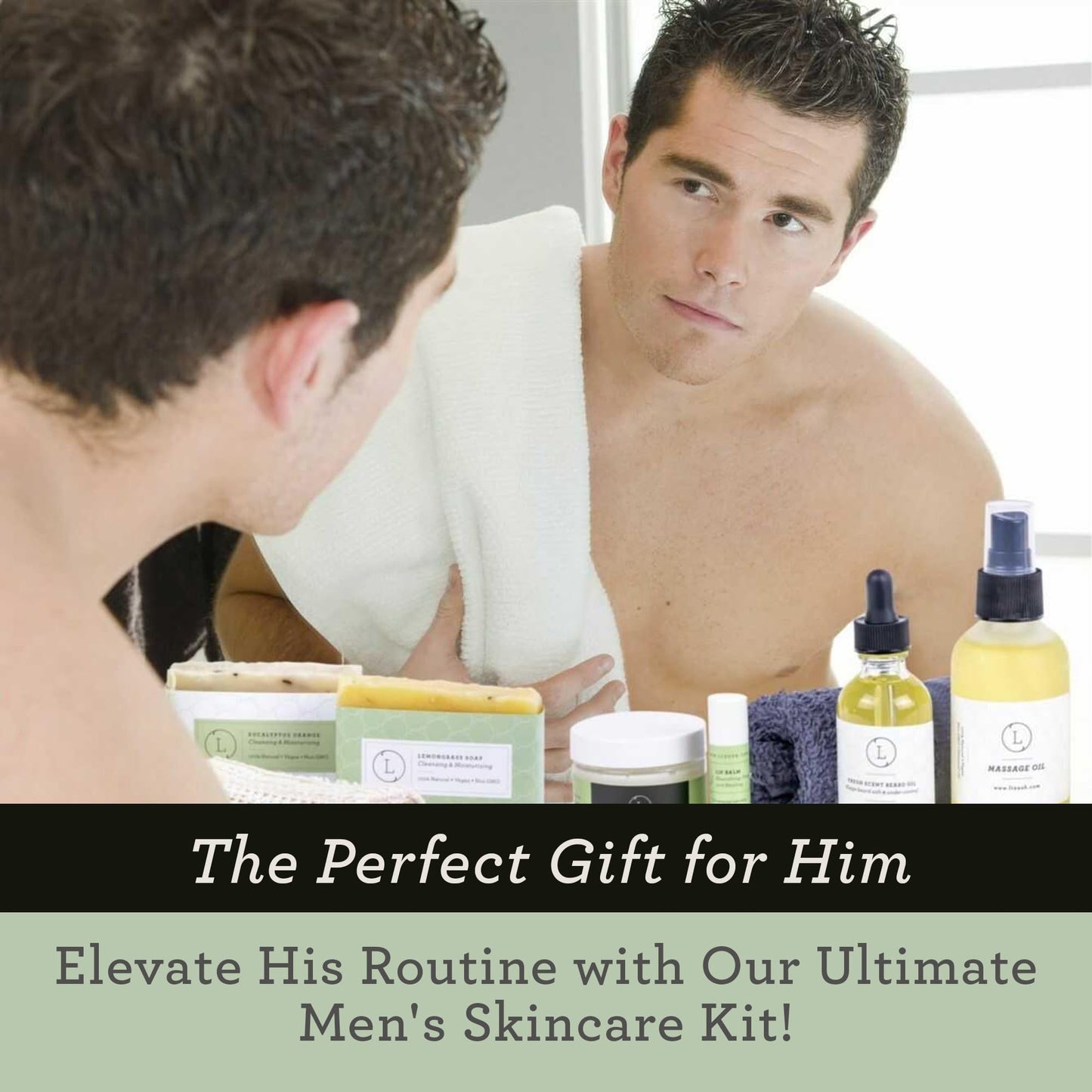 Men's Spa Gift Set, Natural Handmade Gift for Him - Eucalyptus Scent Bath & Body Skincare Package - 8 pcs, Massage Oil, Beard oil, 2 Soaps, Foot cream,Soap Saver, Lip Balm, Towel