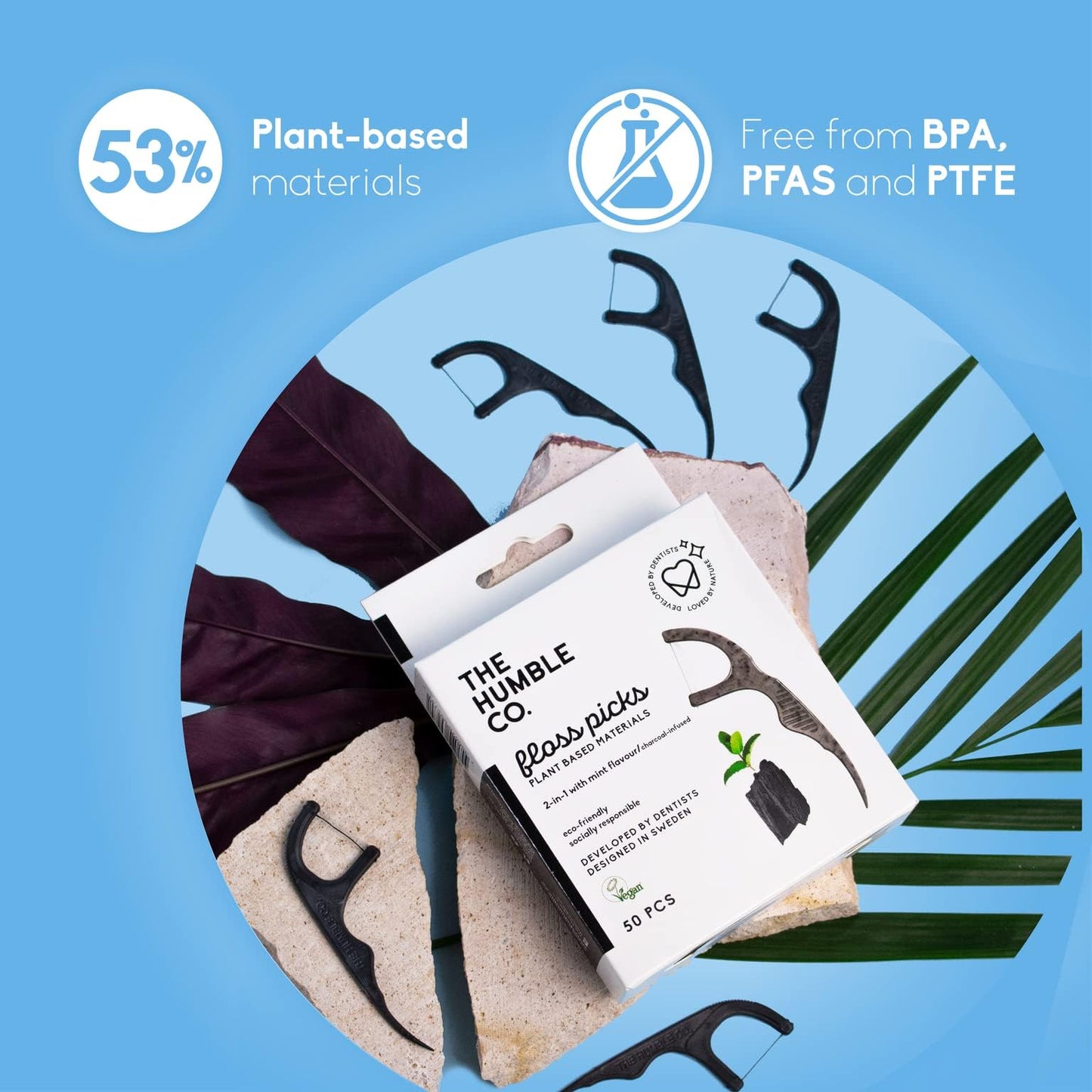 The Humble Co. Floss Picks (200 Count) – Plant Based Dental Floss Picks for Superior Oral Care, Dental Hygiene, and Gum Health, Cruelty Free Tooth Floss Picks (Charcoal, Single Thread)