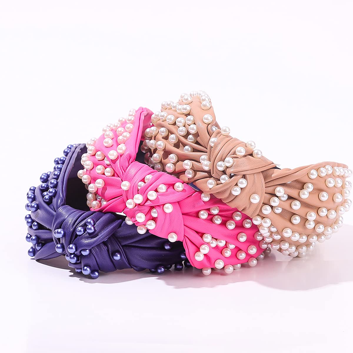 FEDANS Pearly Knotted Women Pink Headband Luxury Jeweled Leather Beaded Embellished Top Hairband Fashion Elegant Ladies Hair Band