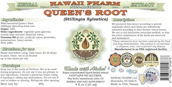 Queen's Root Alcohol-Free Liquid Extract, Queen's Root (Stillingia Sylvatica) Dried Root Glycerite Natural Herbal Supplement, Hawaii Pharm, USA 64 fl.oz