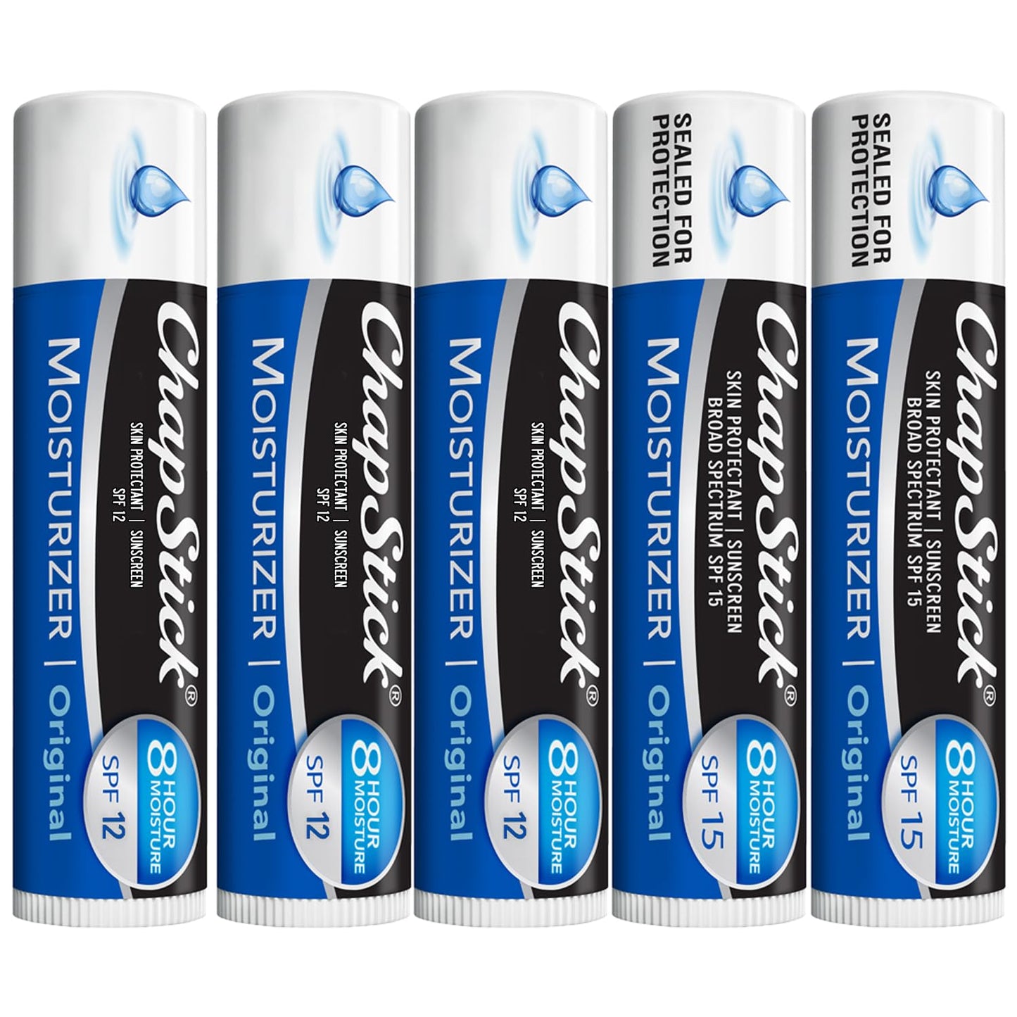 ChapStick Moisturizer 2-in-1 Lipcare 5-Pack (3 SPF 12, 2 SPF 15) – Original Lip Balm with Broad Spectrum SPF, Aloe & Vitamin E, 0.15 Oz Ea