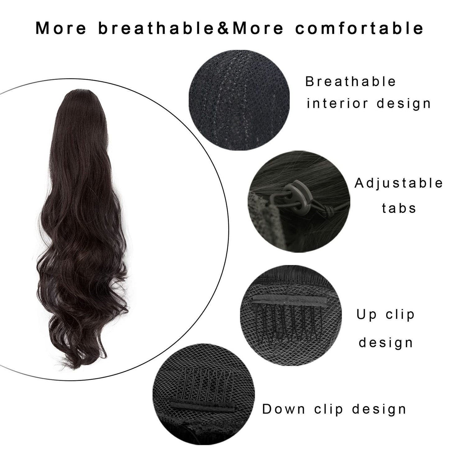 JHZSJF Drawstring Fake Ponytail Hair Extensions，Long Wavy Wrap Around Synthetic Heat Resistant Pony Tail Hairpiece 28" 5.6 OZ Pony Tail Hair Pieces For Women Girls【 Black Brown】