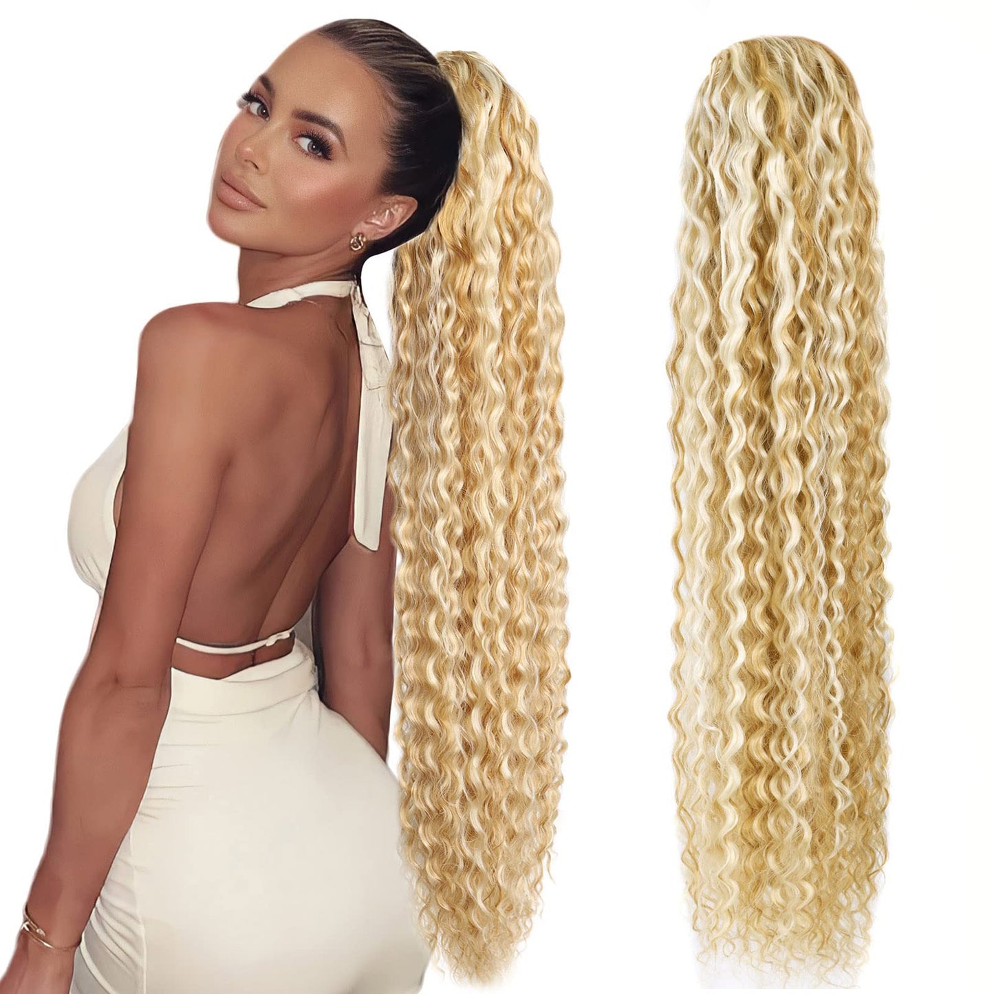 Fashion lcon 30 inch Long Drawstring Ponytail Extensions Highlights Clip in curly Ponytail Hair Extensions Natural Brown Mix Blonde Synthetic Long Drawstring ponytail for Women Blonde(#P18/613)