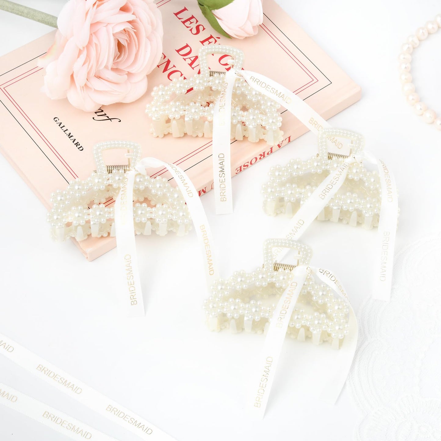 DEEKA Bridesmaid Proposal Gifts 6 Pack Pearl Bridesmaid Hair Claw Clips with Ribbon 3 Inch Hair Clips Bachelorette Party Favors Bridal Party Present Hair Accessories (Half Circle)