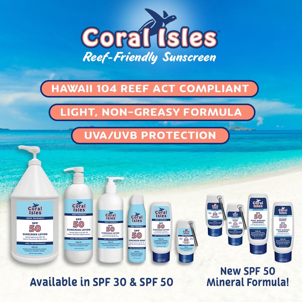 Coral Isles Sunscreen SPF 50 | Hawaii Compliant as Reef Safe | Octinoxate & Oxybenzone Free | Broad Spectrum UVA/UVB Protection | Water Resistant 80 Min. | Fragrance Free | 32 Fl Oz Quart w/Pump