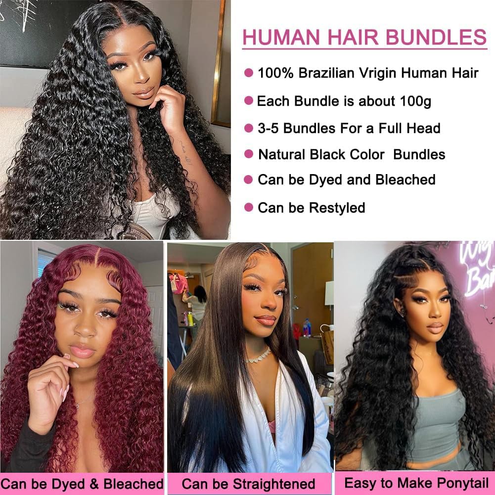 Deep Wave Bundles Human Hair 12A Brazilian Water Wave Human Hair Bundles 16 16 16 Inch 100% Unprocessed Virgin Deep Wave Human Hair Bundles Curly Bundles Wet and Wavy 3 Bundles Weave Double Weft