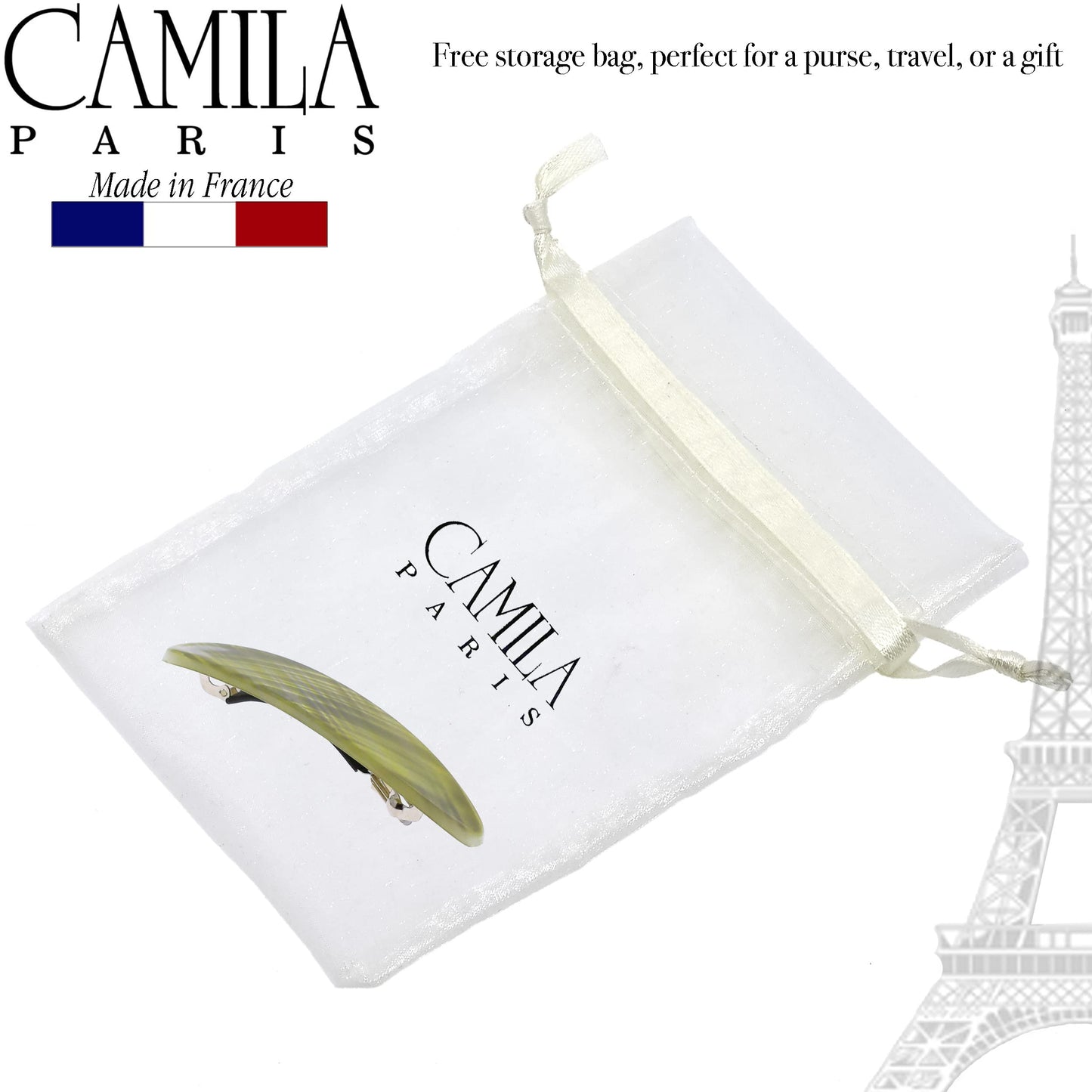 Camila Paris CP3389 French Hair Barrette Clip for Girls, Gray Green Small Strong Hold Grip Hair Clips for Women, No Slip Rubberized Automatic Clasp Styling Hair Accessories, Made in France