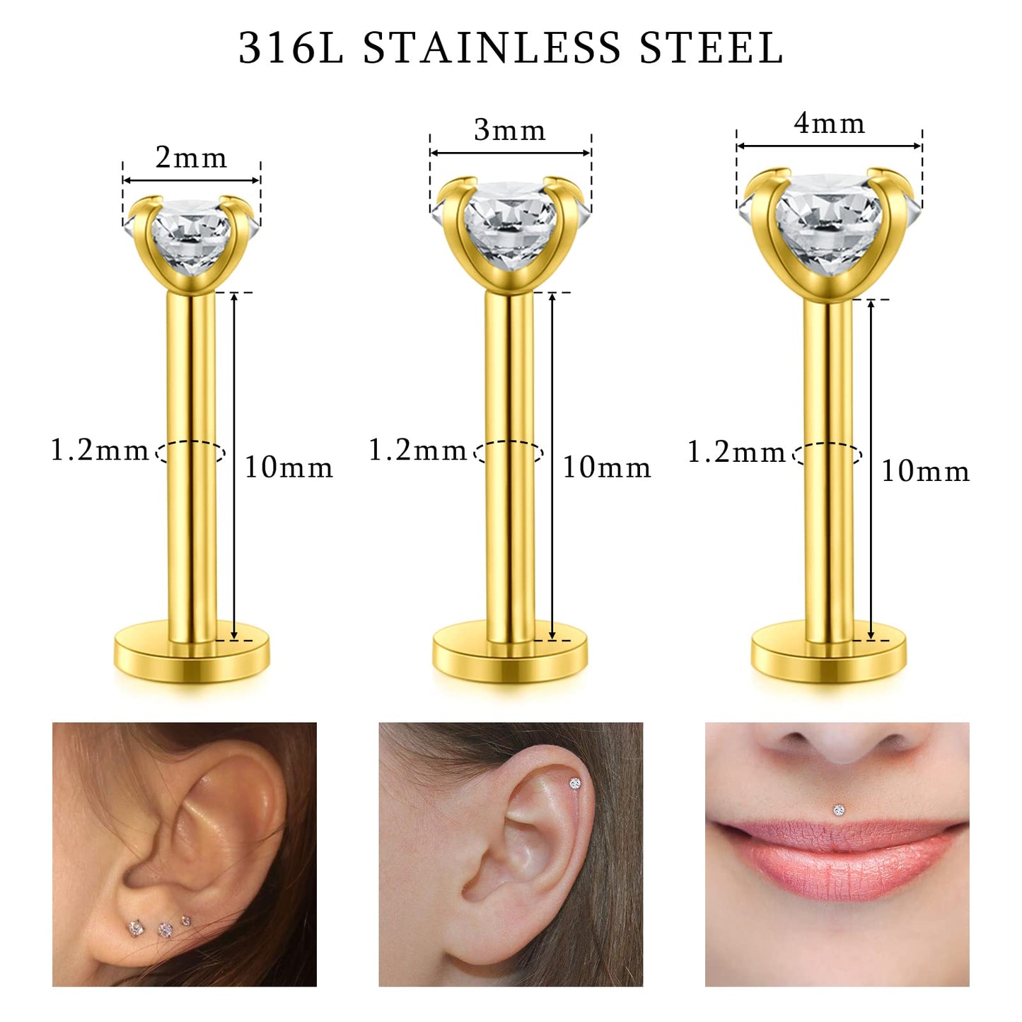 JIESIBAO Ear Piercing Kit, Disposable Safety Gold Self Ear Piercing Gun Kit with 16G CZ Crystal Surgical Steel Cartilage Tragus Helix Monroe Earrings Jewelry
