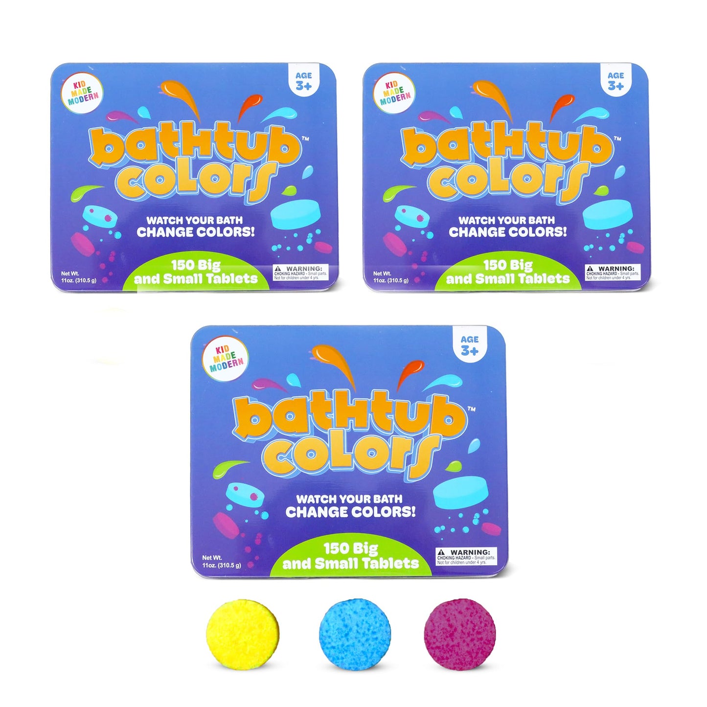 Kid Made Modern Bath Color Tablets for Kids - 450 Non Toxic Bath Drops for Toddlers Blue, Yellow, Pink, and Purple Bathtub Color Fizzies Tablets - Fun & Mini Bath Bombs (150 Count / 3 Pack - Ages 3+)