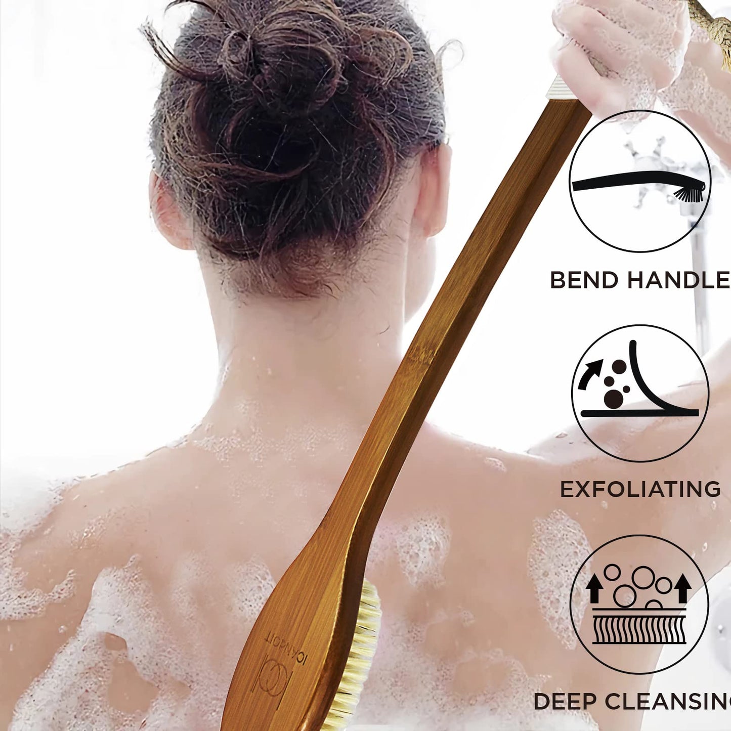 ICANdOIT-19.68Inch Natural Stiff Sisal Bristles Anti-Slip Extra Long Handle Bath Brush,Bent Handle Shower Scrubber for Exfoliating,Shower Back Brush,Exfoliation Set with Pumice Stone(2 Pack)