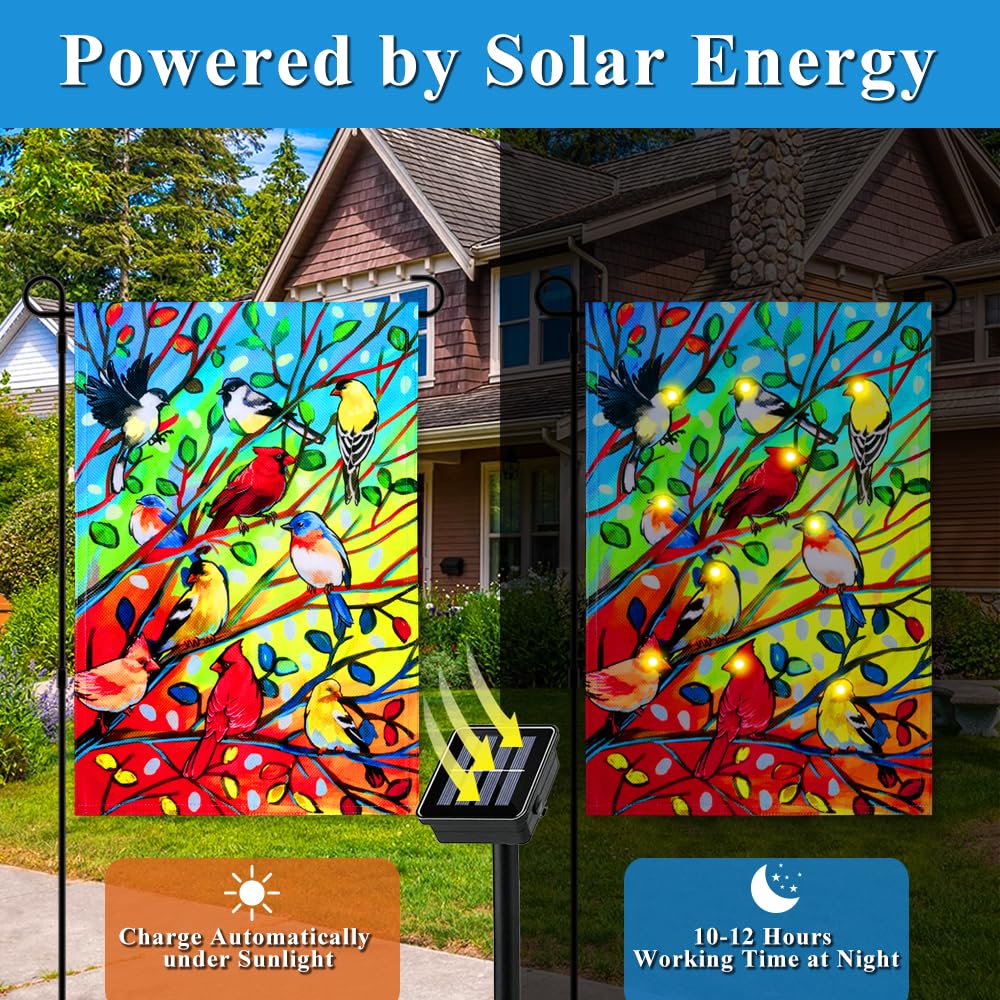 YMYIELD Lighted Tree Birds Garden Flags 12x18 Double Sided Solar LED Flashing Yard Flag for Lawn Outdoor Patio Decorations (Stand Not Included)
