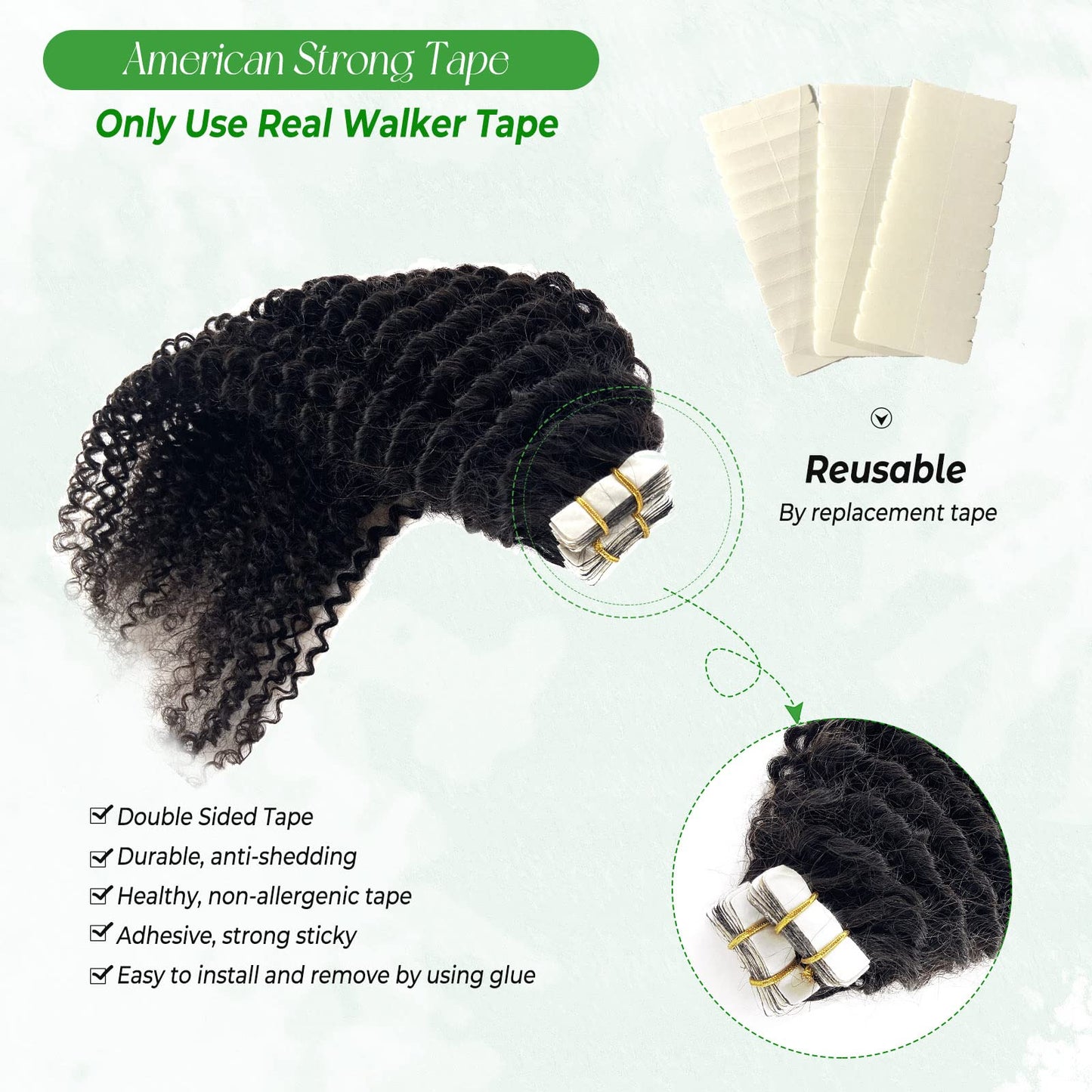 Tape in Hair Extensions Human Hair Black Women Kinky Curly Real Hair Extensions Tape ins Human Hair, 100G 20Inch 40 Pieces Double Sided Seamless Invisible Tape in Hair Extensions for Short Hair