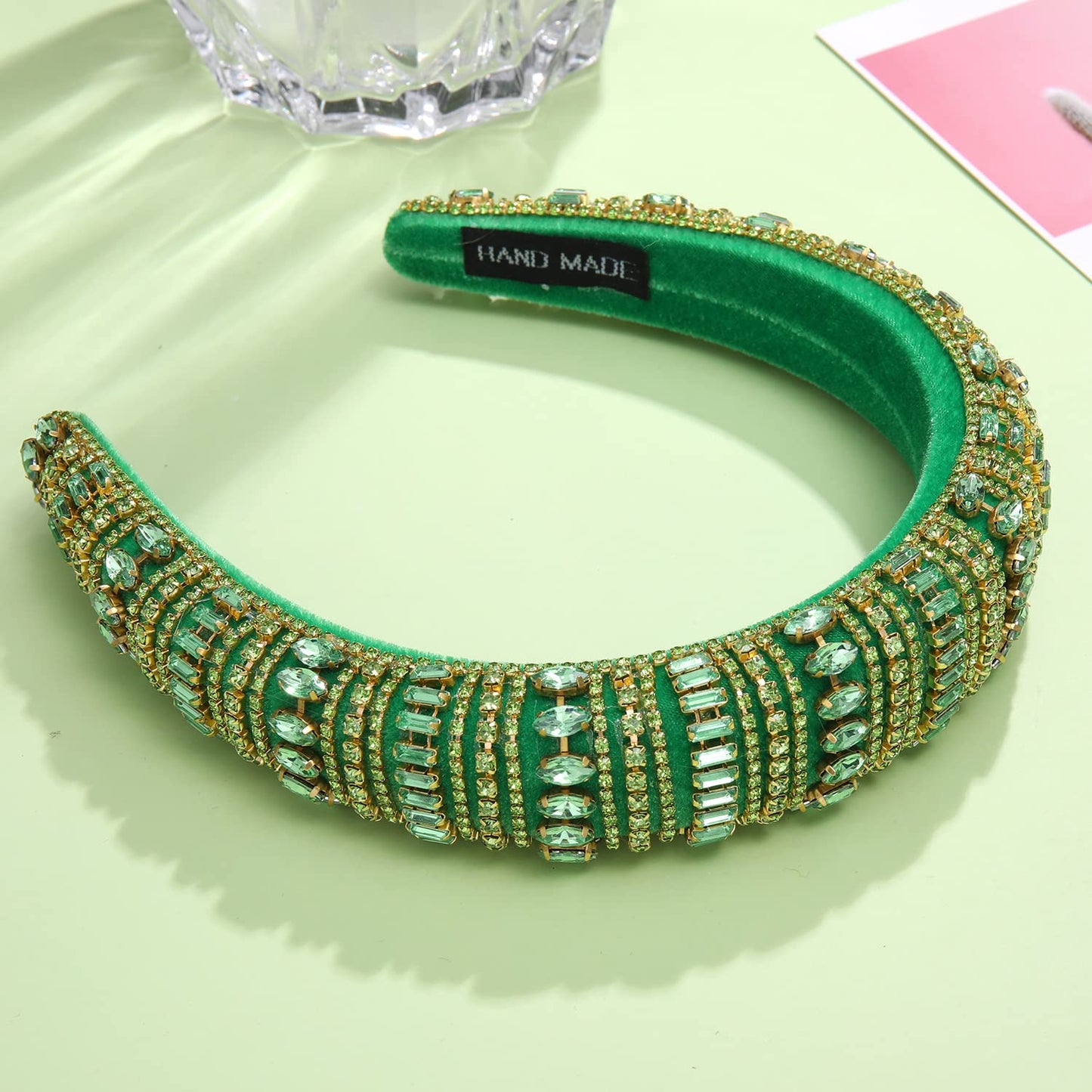 CEALXHENY Crystal Rhinestone Padded Headbands for Women Rainbow Crystal Embellished Hairbands Sparkling Bejewelled Velvet Headbands Wide Hair Hoop for Girls Party Hair Accessory Holiday Gifts (Green)