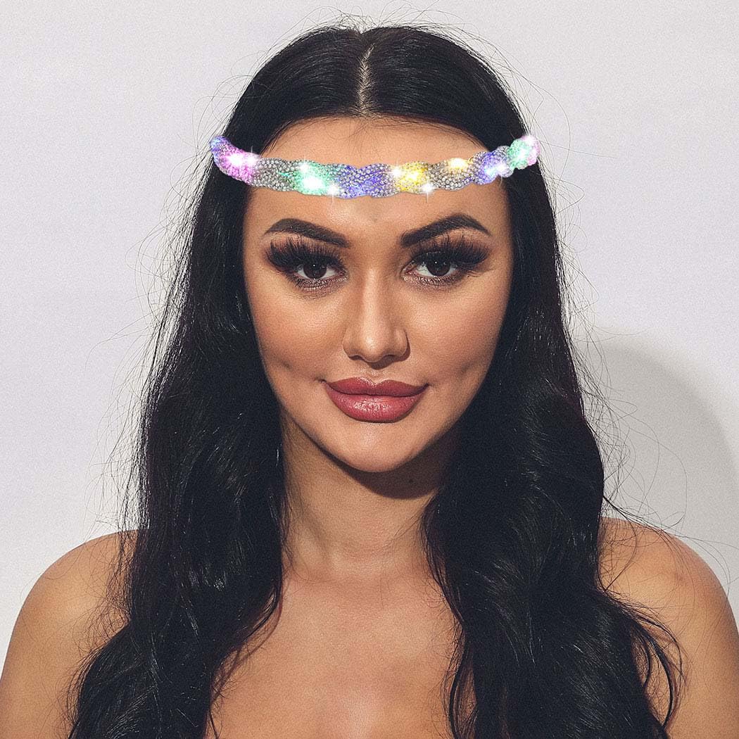 EARENT Light Up Rhinestone Headband Silver Led Crystal Headpiece Glowing Head Chain Sparkly Bridal Rave Costume Hair Accessories for Women(B-Silver)