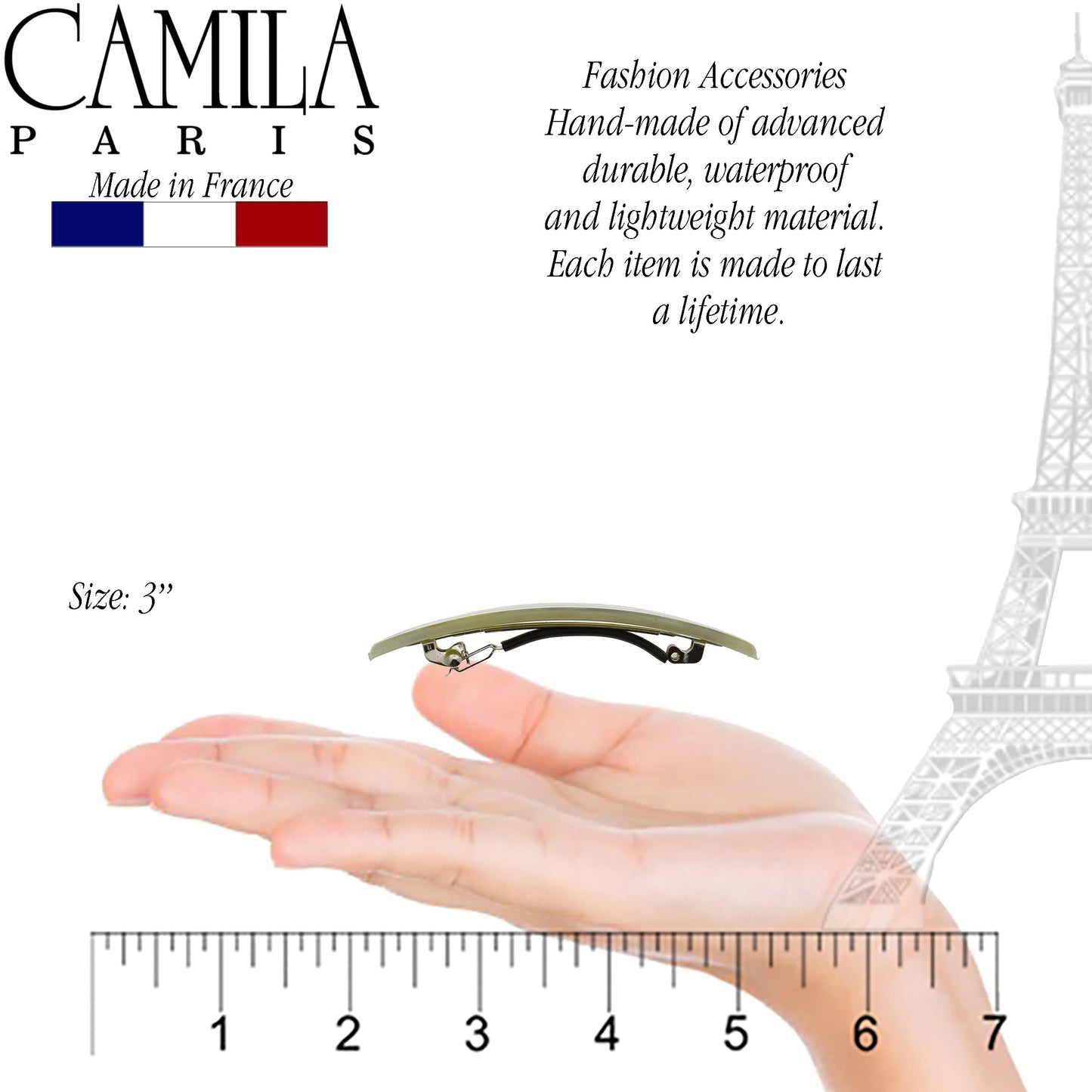 Camila Paris CP3389 French Hair Barrette Clip for Girls, Gray Green Small Strong Hold Grip Hair Clips for Women, No Slip Rubberized Automatic Clasp Styling Hair Accessories, Made in France