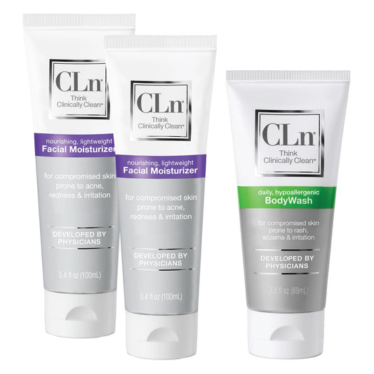 CLn Facial Moisturizer BodyWash Duo - (2) Facial Moisturizer 3.4oz & (1) BodyWash 3oz - Long lasting, lightweight, fast-absorbing, non-greasy formula. Recommended by dermatologists to lock in moisture