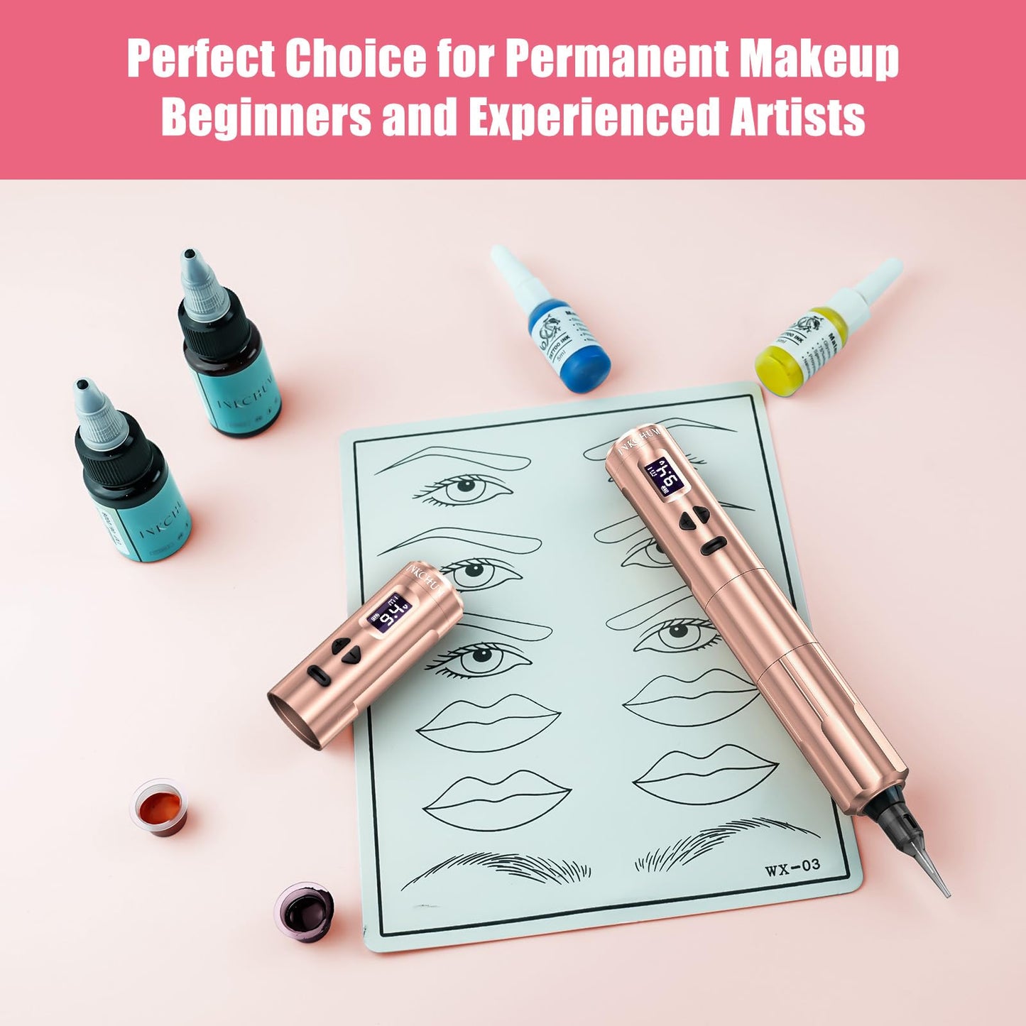 INKCHUM Microblading Supplies Wireless RCA Machine Pen with 2 Batteries Digital OLED Display 10W Coreless Motorfor Miroblading Shading Lining Eyeliner Lips(Rose Gold)